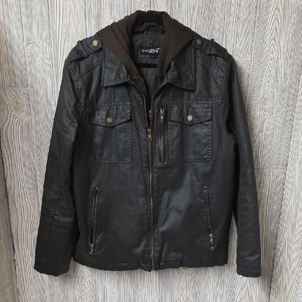 Black Rivet Black Faux Leather Jacket with Removable Fleece Hood Mens Size Large